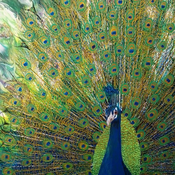 AT THE GALLERY Hand Crafted Peacock Resin Painting Pea Fowl - Picture 5 of 8